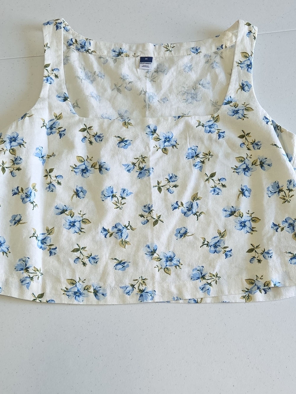Blue Floral Square-Neck Cropped Linen Tank Top Princess Seam Feminine Size M